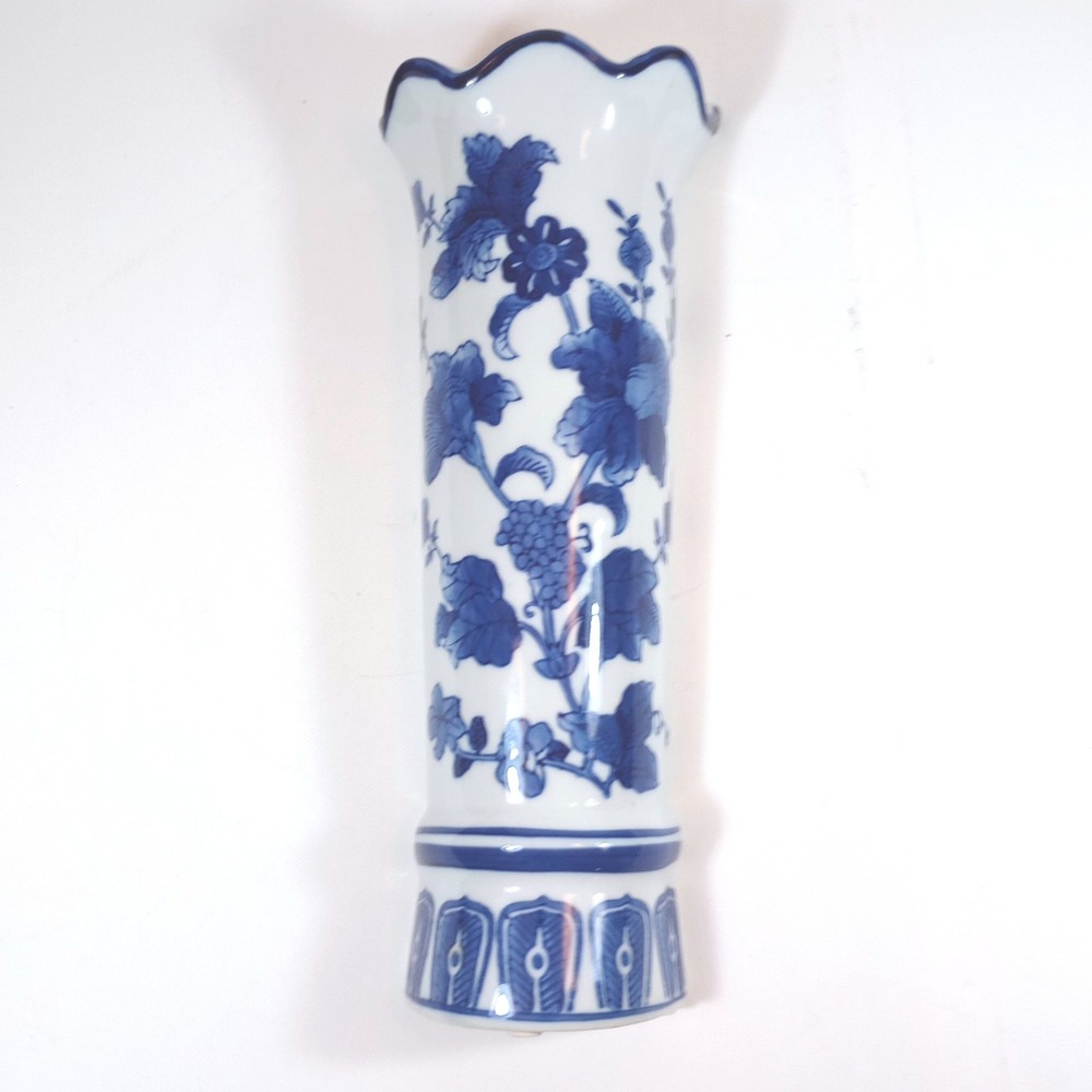 Wall Pocket Vase Home Decor 12in Blue White Chinoiserie Floral Excellent